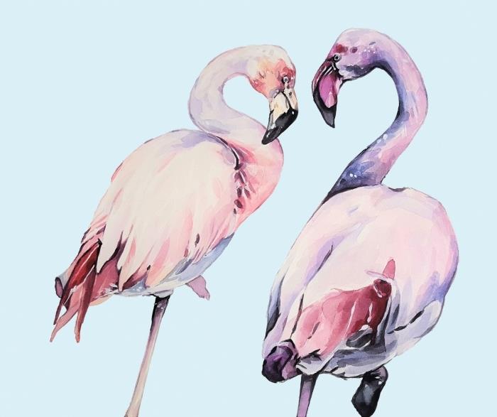 akvarelna risba dveh flamingov na pastelno modrem ozadju, tehnika slikanja z akvarelom za mešanje barv in ustvarjanje nežnih odtenkov roza in vijolične barve