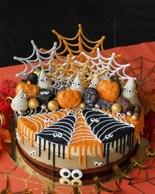 sanat dekorasyon pasta kek cadılar bayramı örümcek çikolata krema beyaz gözler şeker hayaletler canavar balkabağı şeker