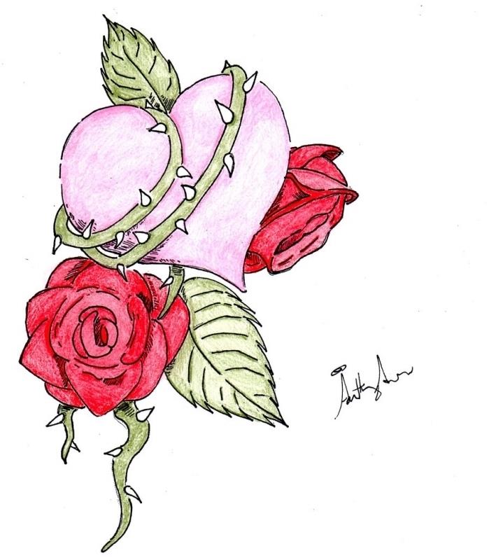 predloga barvne risbe z roza srcem in rdečimi vrtnicami z zelenimi listi, enostaven primer risanja, enostavna risba vrtnic