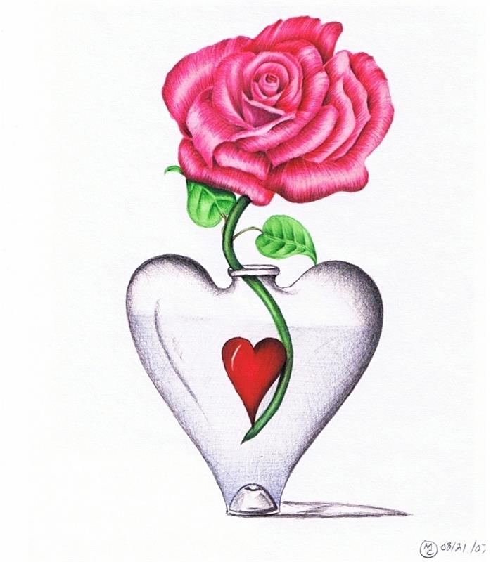ideja za risanje rože, primer izvirne risbe z vazo v obliki srca in roza v barvah