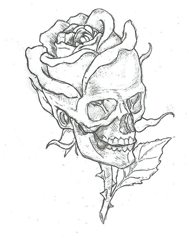 risanje rože črno -belo, predloga za risanje rožnega cvetja z lobanjo in listi, ideja, kako narediti risbo v beli in črni barvi
