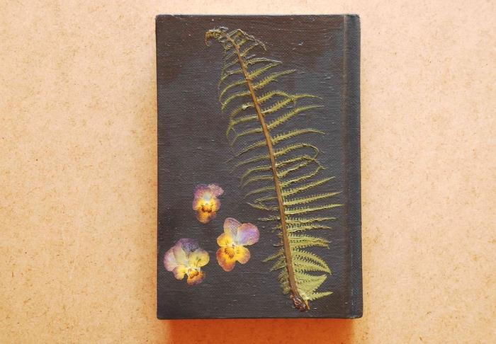 ideja ročne dejavnosti na herbarijsko temo za prilagajanje skicirke ali umetniškega dnevnika s stisnjenimi cvetovi in ​​listi