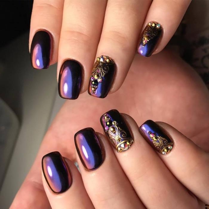 gel lak črne vijolične barve za izdelavo gel manikure s cvetlično dekoracijo zlatega odtenka