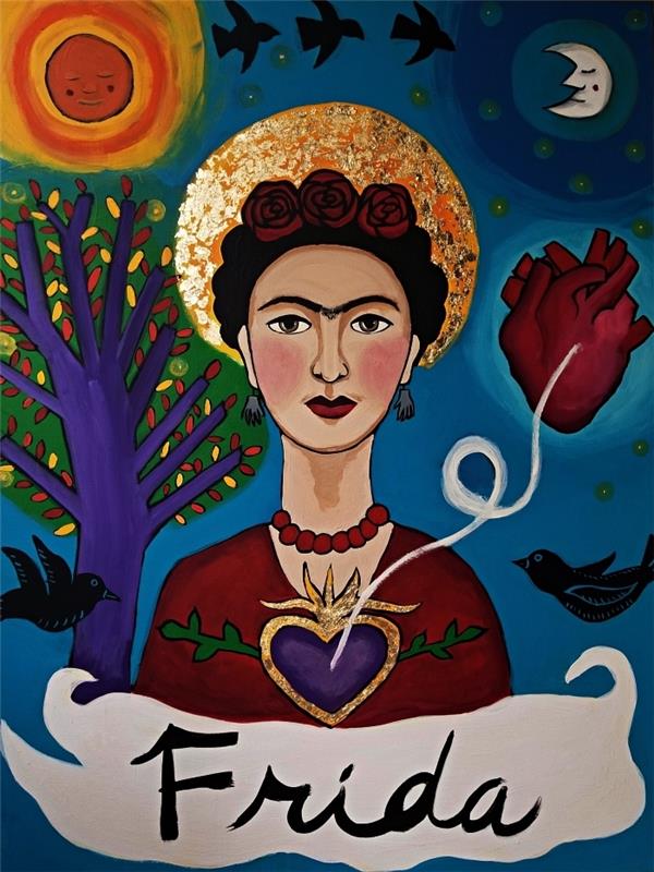 akrilik frida kahlo portre resmi, çok renkli akrilik tuval, kuş, ay ağacı ve anatomik kalp ile frida kahlo portre
