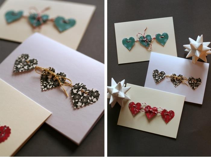 kendin yap kartpostal yapmak için kolay bir fikir, kağıtla Noel manuel etkinliği örneği, kağıttan el yapımı mini kart ve kumaş kalpler