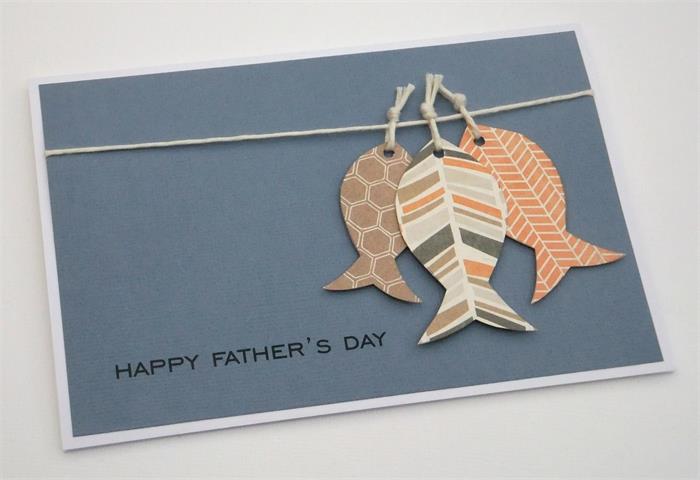 DIY siva kartonska scrapbooking kartica z ribami iz kartona na vrvici, oče sam