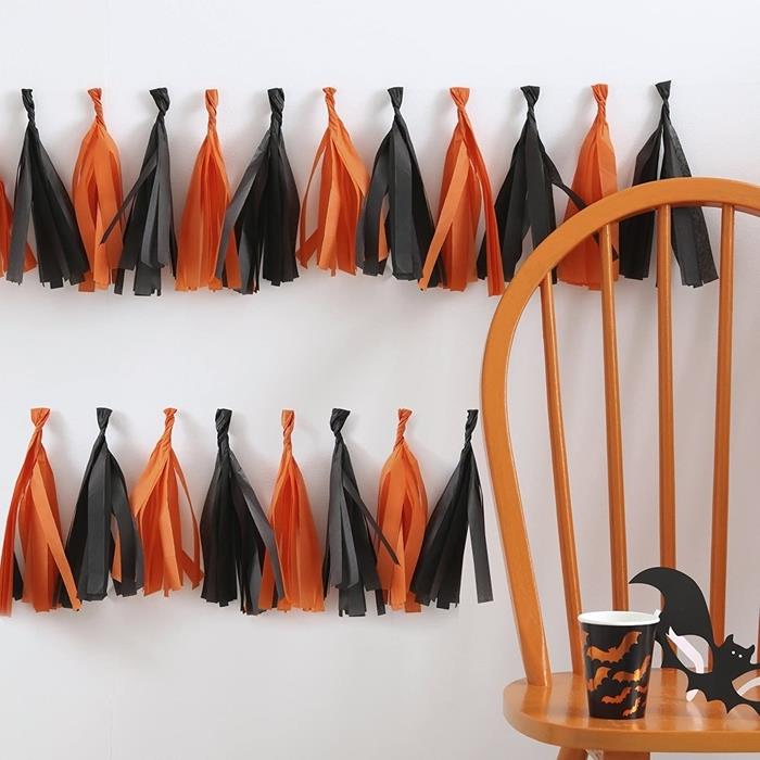 popieriaus menas girlianda pasidaryk pats kutai pakraščiai oranžinė ir juoda Helovino puošmena namų kėdė medinis rudas šikšnosparnio popierius
