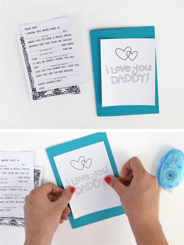 izvirna in enostavna ideja za razglednico, voščilnica za očetov dan v modri foliji z natisnjenim sporočilom ljubim te