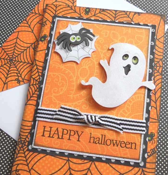 scrapbooking teknik kağıt sanatı cadılar bayramı partisi için bir kart yapmak hayalet deseni turuncu ve beyaz karton desenli