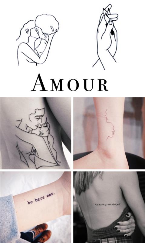 izberite svojo majhno tetovažo na temo ljubezni, risba majhnega črnila na ženskem telesu z zaljubljenim oblikovalskim parom