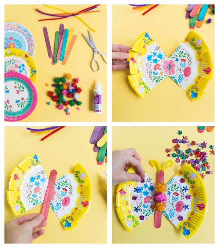 bir tabak renkli kağıt ve dondurma çubukları ile ne yapılır, renkli ponponlarla süslenmiş kelebek yapımı, 3 yaşındaki çocuk için etkinlik