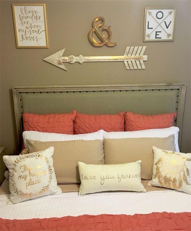 yatak odası dekorasyonu için haki, beyaz ve turuncu taupe ile ne renk