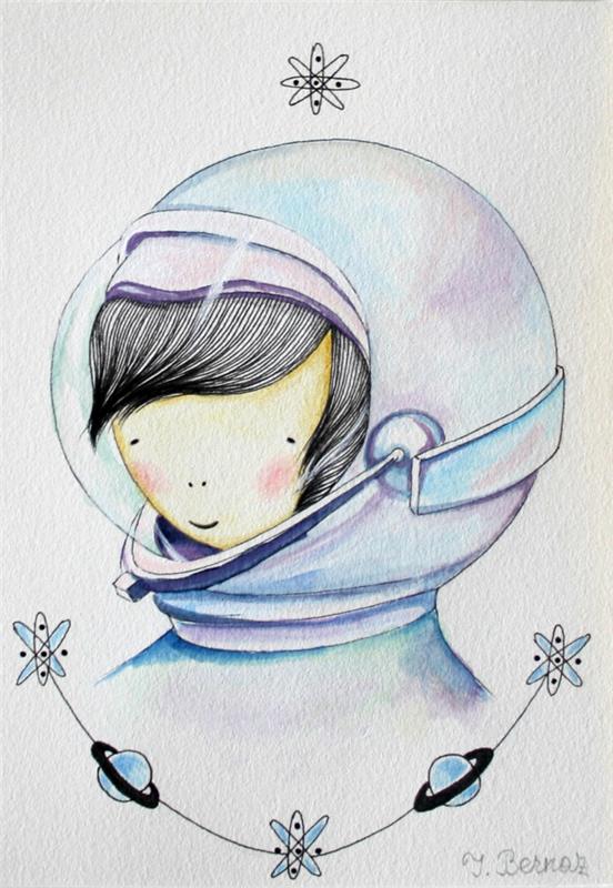 renkli astronot kıyafeti, anime kız çizimi, gezegenler ve atomlarla çevrili, beyaz arka plan