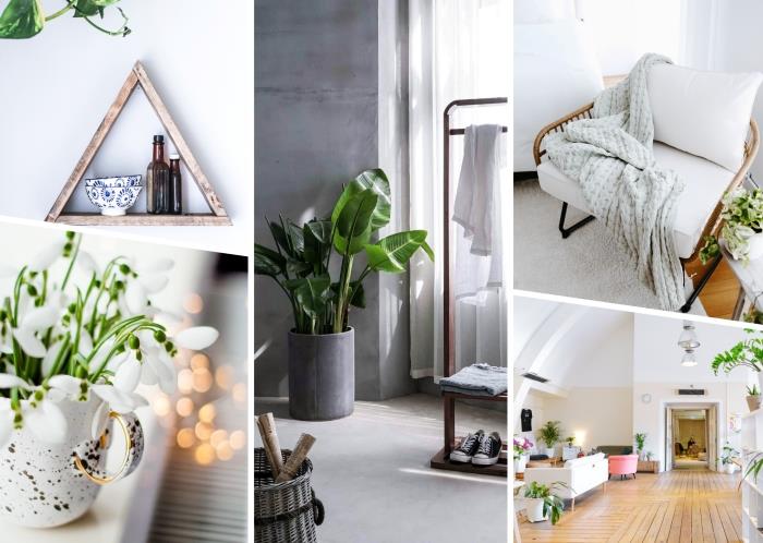 minimalist bir dekorda basit depolama fikri, beyaz duvarlı İskandinav yatak odası tasarımı ve DIY hafif ahşap mobilyalar