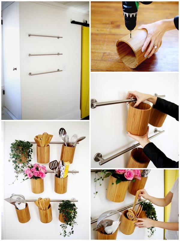 duvar havlulukları ve bambu mutfak eşyaları tutacakları ile fonksiyonel bir duvar düzenleyici yapmak için pinterest ipucu