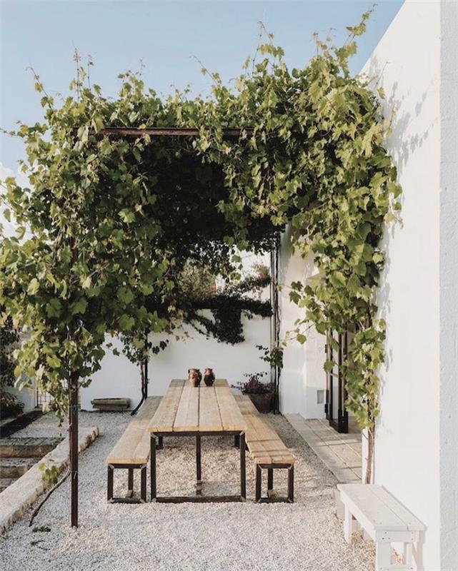 sodo dekoravimo patarimas atgaivino verandą su natūraliai žalia pavėsine ir mediniais suolais