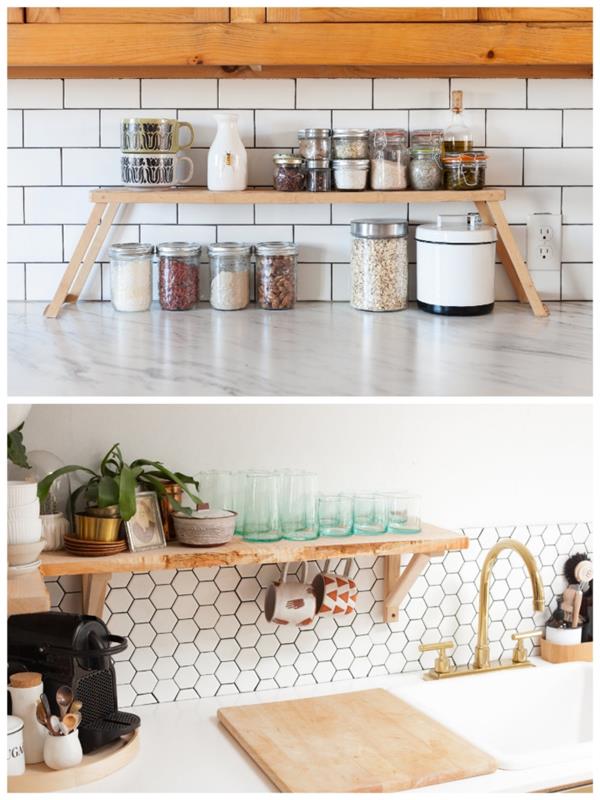 Küçük duvar rafı veya mutfak tezgahınızda ve lavabonun çevresinde yerden tasarruf sağlayan ahşap ayaklar üzerinde, küçük fonksiyonel bir mutfağı yerleştirmek için düzenleme ve saklama ipuçları