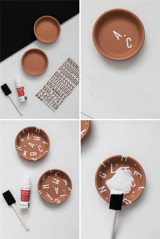 primer, kako krožnik iz terakote spremeniti v izvirno držalo za nakit, posodo za nakit z oblikovanjem po abecedi