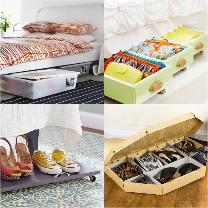 batų laikymo idėja mažame miegamajame, optimizuokite erdvę po lova, laikydami dėžes ir stalčius ant ratukų