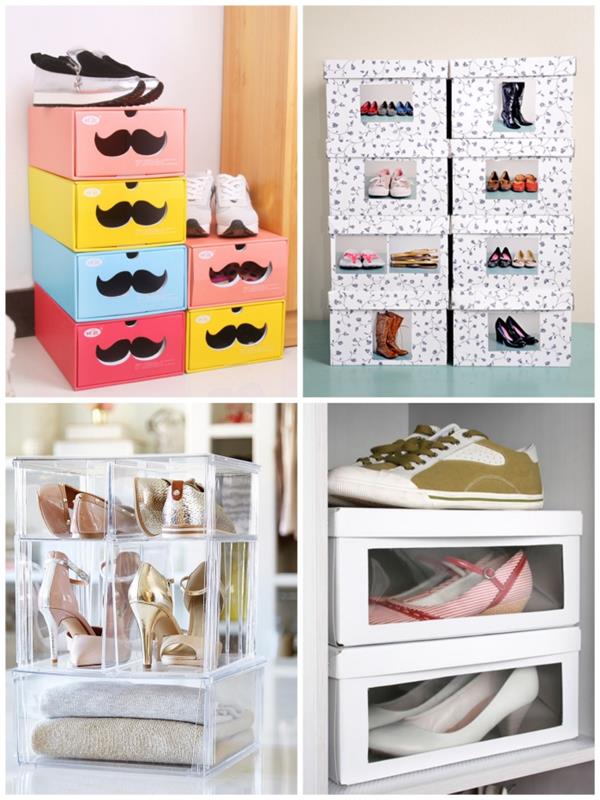 Yatak odasında hoş bir dekoratif vurgu oluşturan şeffaf veya kişiselleştirilmiş ayakkabı kutuları ile ayakkabı saklama fikri