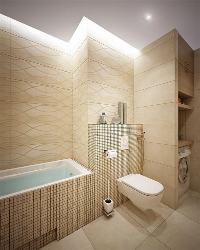 majhna kopalnica s kadjo s stenami v bež barvi in ​​belim stropom z belo kadjo in umivalnikom