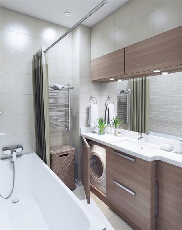 primer moderne kopalnice, opremljene v nevtralnih barvah z belim stropom in stenami ter lesenimi enotami za shranjevanje z LED osvetlitvijo