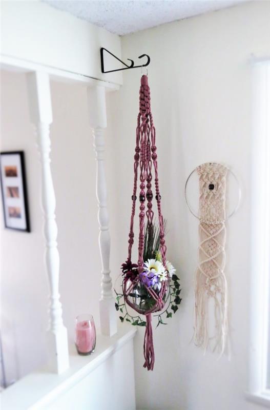 zamisel o vzmetenju rastlin makrame iz vijolične vrvi, model za ustvarjanje preje iz makrameja za dekoracijo sten