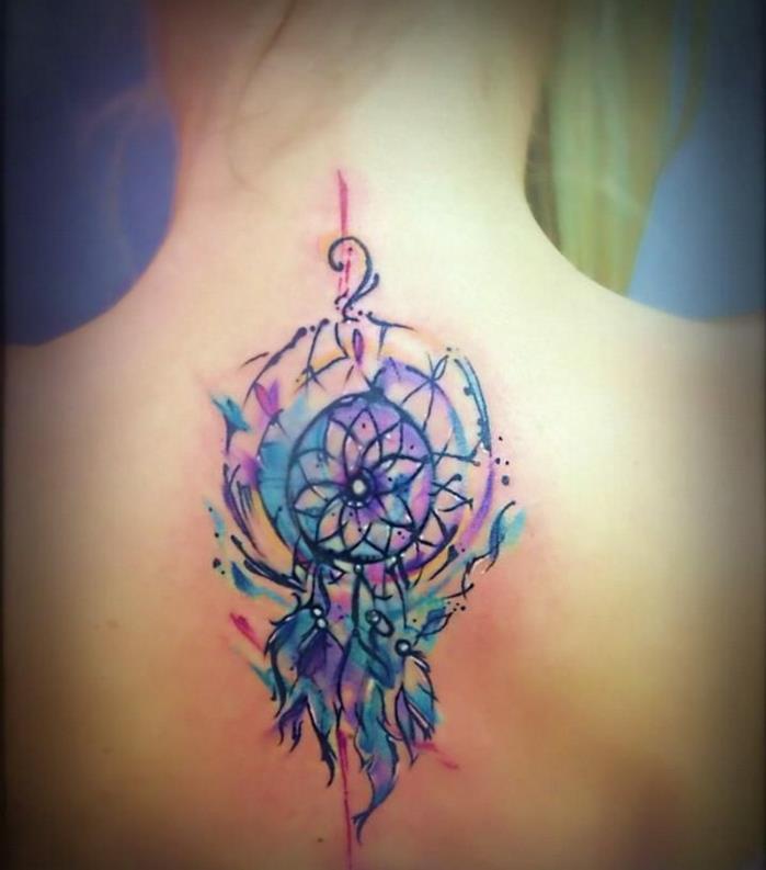 pastel, mavi, mor, sarı ve kırmızı renklerde dreamcatcher boyun dövme fikri, renkli kadın dövme fikri