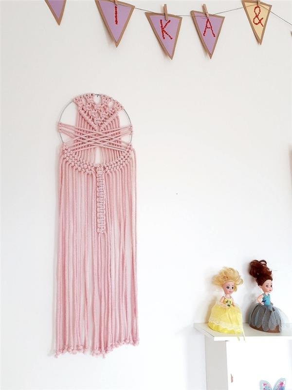 lovec sanj makrame dekoracija otroška soba diy papir venec roza vrv stenska viseča