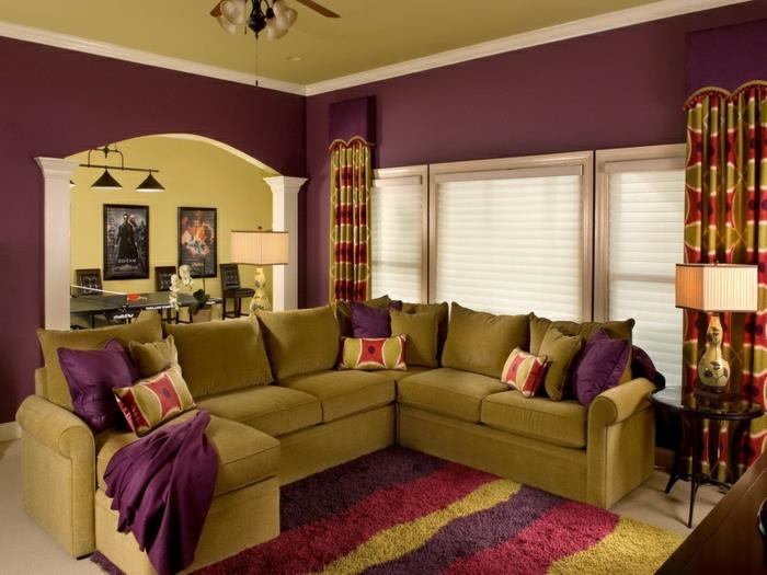patlıcan rengi, orijinal oturma odası, büyük hardal kanepe, kare abajur