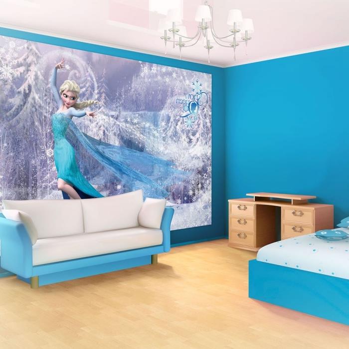 beyaz ve mavi bir duvar boya, kar kraliçesi tasarım kreş, yatak ve kanepe, Elsa tasarım duvar çıkartması