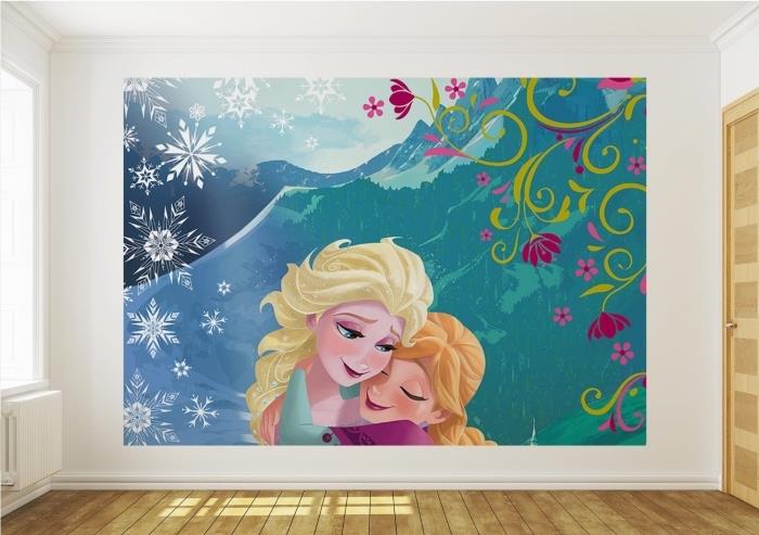 kız odası dekoru, Elsa ve Anna ile Dondurulmuş tasarım duvar çıkartması, beyaz duvarlı ve hafif ahşap zeminli çocuk odası