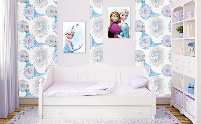 iç mekan boyama, Elsa tasarımlı beyaz mavi ve gri duvar resmi, çiçek desenli açık mor dikdörtgen halı
