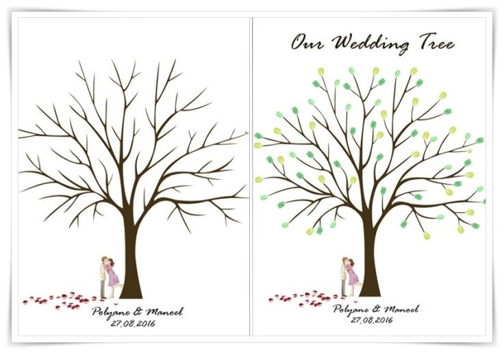 predloga risbe s praznim drevesom brez listja z ljubečim parom in rdečo srčno travo z znakom imena in datumom poroke