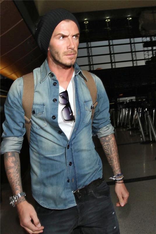 outfit david beckham style denim raw kavbojke bela majica