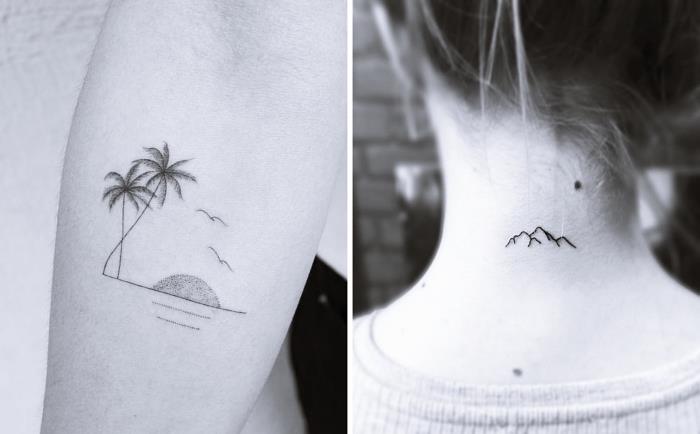 primer diskretne ženske tetovaže z eksotično pokrajinsko risbo z oceansko palmo in soncem, majhno tetovažo z minimalističnimi risbami gora na hrbtu