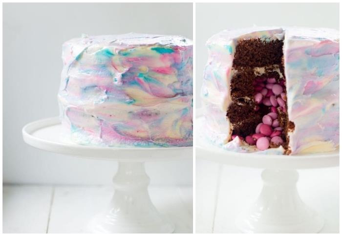 roza smarties ideja čokoladne torte z glazuro z učinkom akvarela, sestavljena iz štirih biskvitnih pogač, idealna za otroško prho