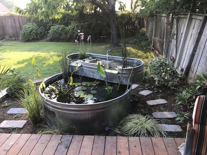 balık tankı fikri su bitkileri ile açık havuz fikri bahçe dekorasyonu açık havuzda iki üst üste tank fikri