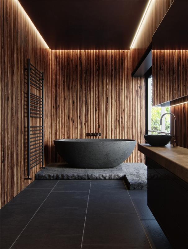 „Zen“ vonios kambario modelis su juodomis plytelėmis išklotomis grindimis, sienų dangos idėja vonios kambariui su medinėmis lentomis