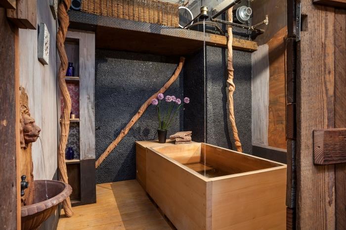 kokią spalvą susieti su pilka mediniame vonios kambaryje, azijietiško stiliaus vonios kambario apdaila su mediniais akcentais