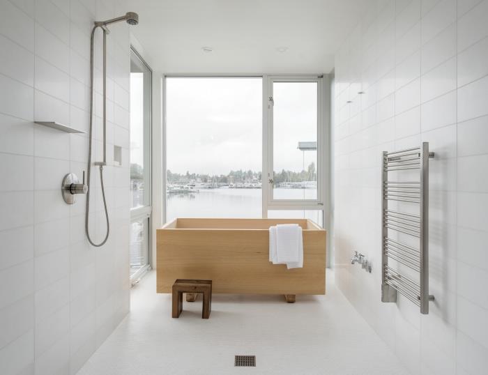 kaip integruoti japonišką vonią į minimalistinį ir vienspalvį vonios kambarį, visiškai baltą vonios kambario dizainą