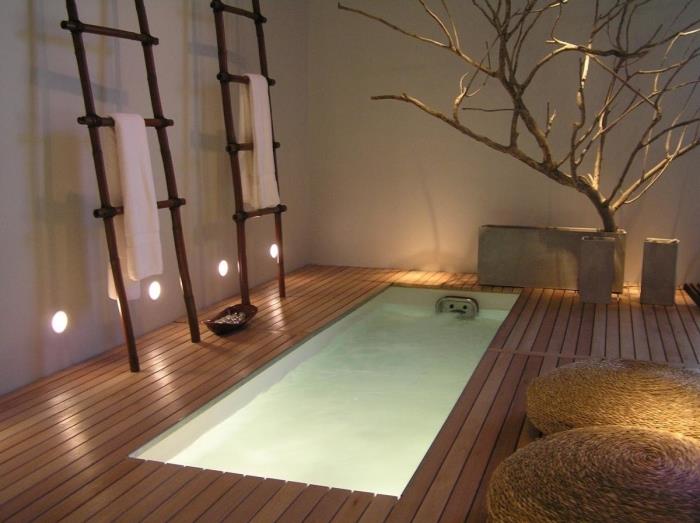 „Zen“ vonios kambario dizainas su baseinu ir medine terasa, kokios spalvos tinka azijietiško stiliaus vonios kambariui