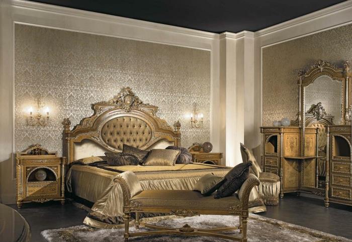 baročni dekor, cvetlične tapete, črni strop, baročna postelja, očarljivo pohištvo