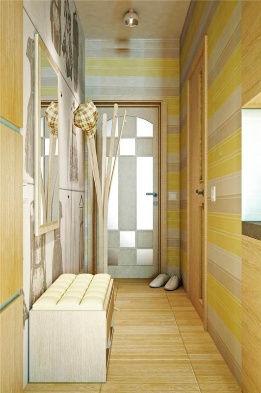 çizgili duvar kağıdı ve hafif ahşap imitasyon zemin, koridor mobilyası ahşap ve ayna ile yeşil ve sarı renklerde iç tasarım