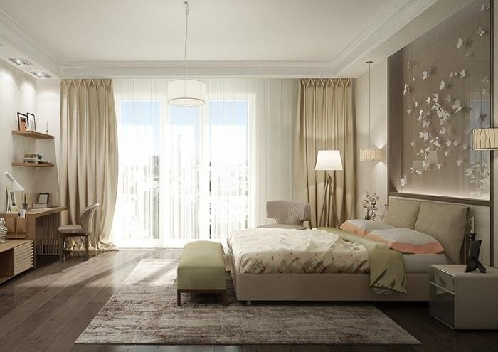 nötr renklerde ve ahşapta tasarımcı ve lüks yatak odası mobilyaları, alçı süslemeli beyaz tavan ve led aydınlatma