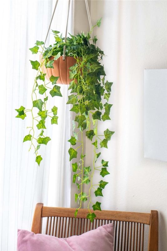 balkabağı tasarımlı asılı bir tencere fikri, ahşap mobilyalar ve bitkilerle pencerenin yanında dekoratif dinlenme köşesi
