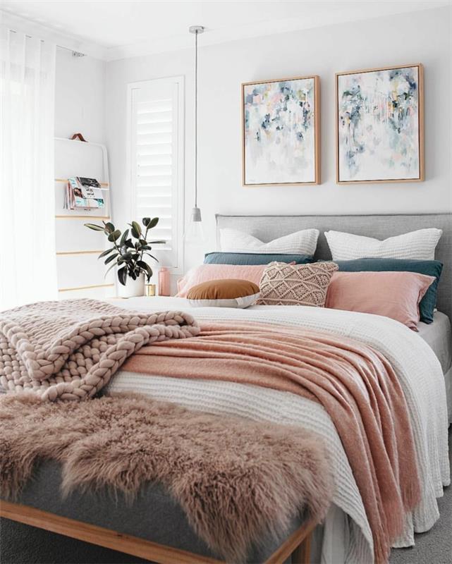 romantik pembe yatak odası, soyut resimler, beyaz yetişkin yatak odası boyama, pastel pembe yatak takımları, örgü ekose