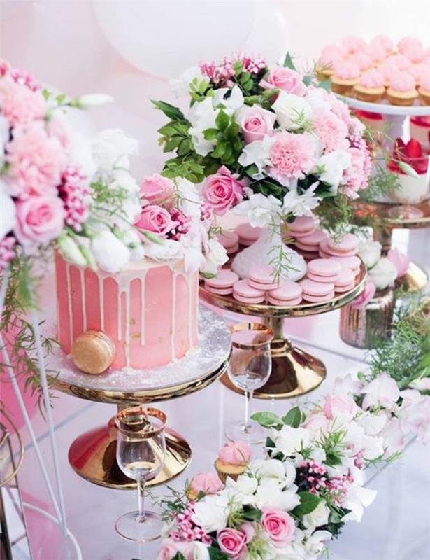 ideja za poročno dekoracijo, rožnato -bela dekoracija bonbonov, torta, piškoti, makroni, cvetlični aranžmaji, šopki rožnatih in belih cvetov