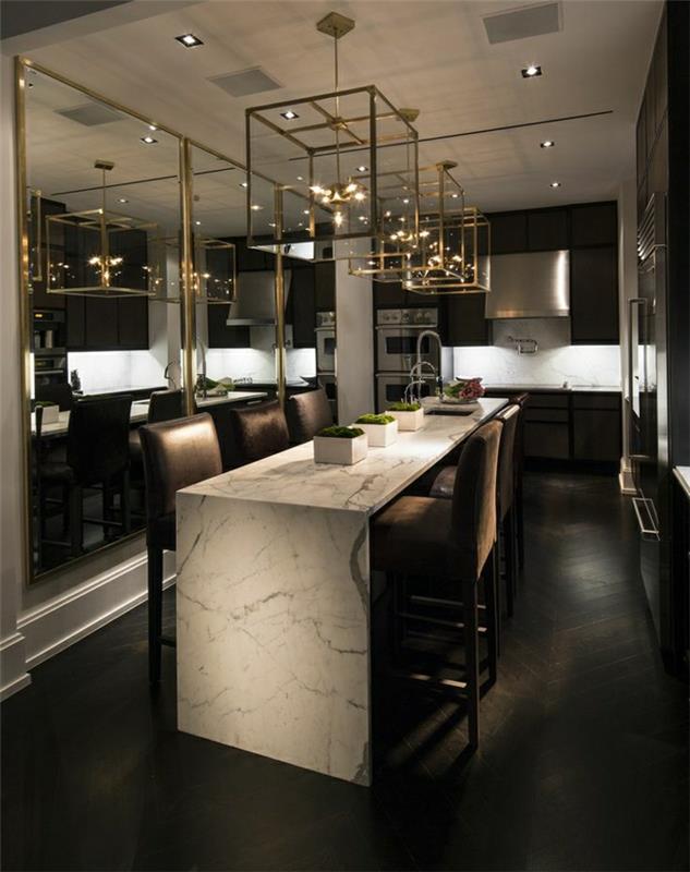 kuhinja-bar-visoko-v-belem-marmorju-kuhinja-parket-tla-visoki stol-rjava