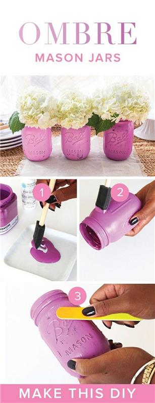 Idee lavoro arttigianale con dei barattoli di vetro verniciati di colore rosa e utilizzati gel vasi per fiori